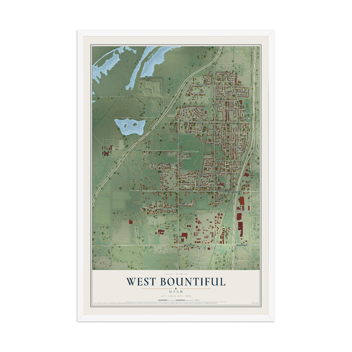 Map of West Bountiful, Utah, 12 x 18 inch print in a white wood frame
