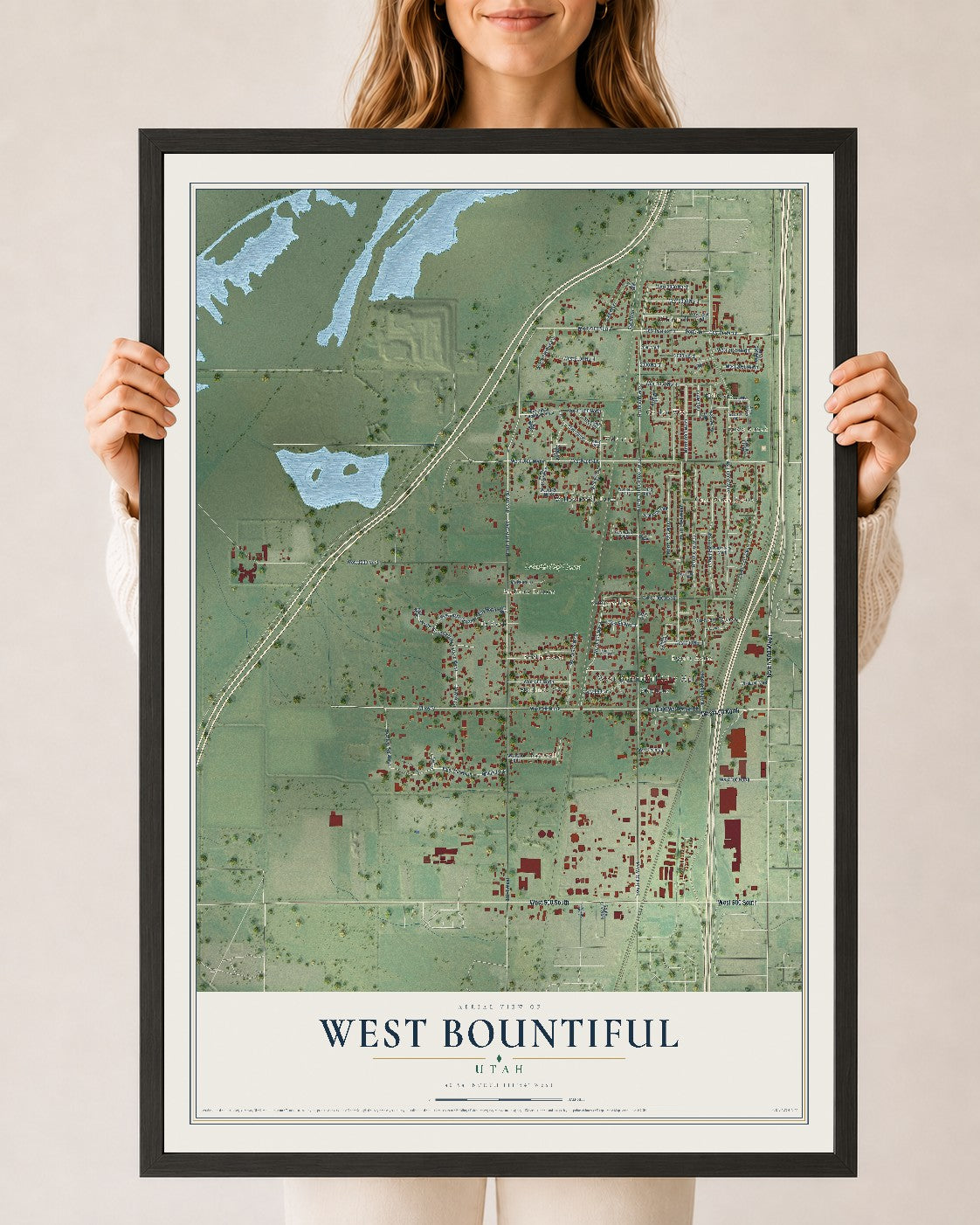 Map of West Bountiful, Utah, 24 x 36 inch print in a black wood frame