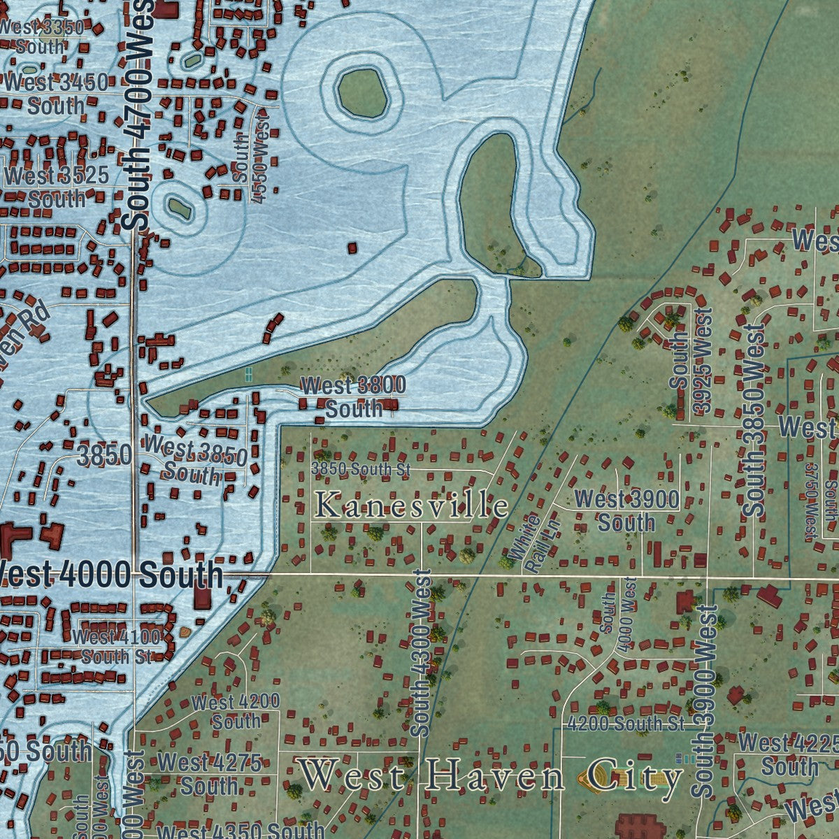 Close-up of the map of West Haven, Utah print showing street and building detail