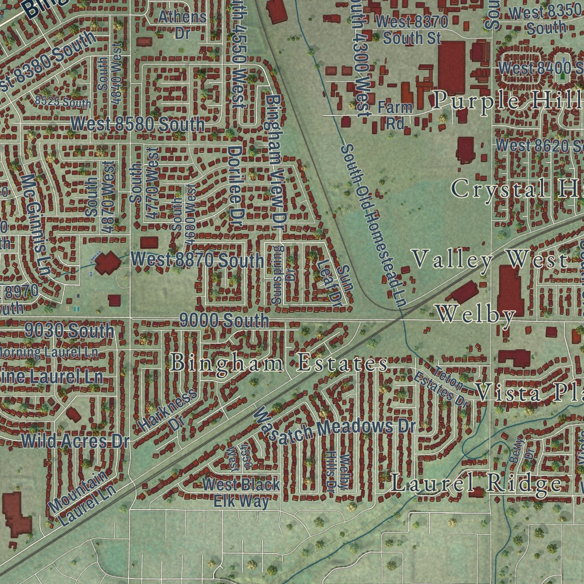 Second close-up of the map of West Jordan, Utah print showing more streets and buildings