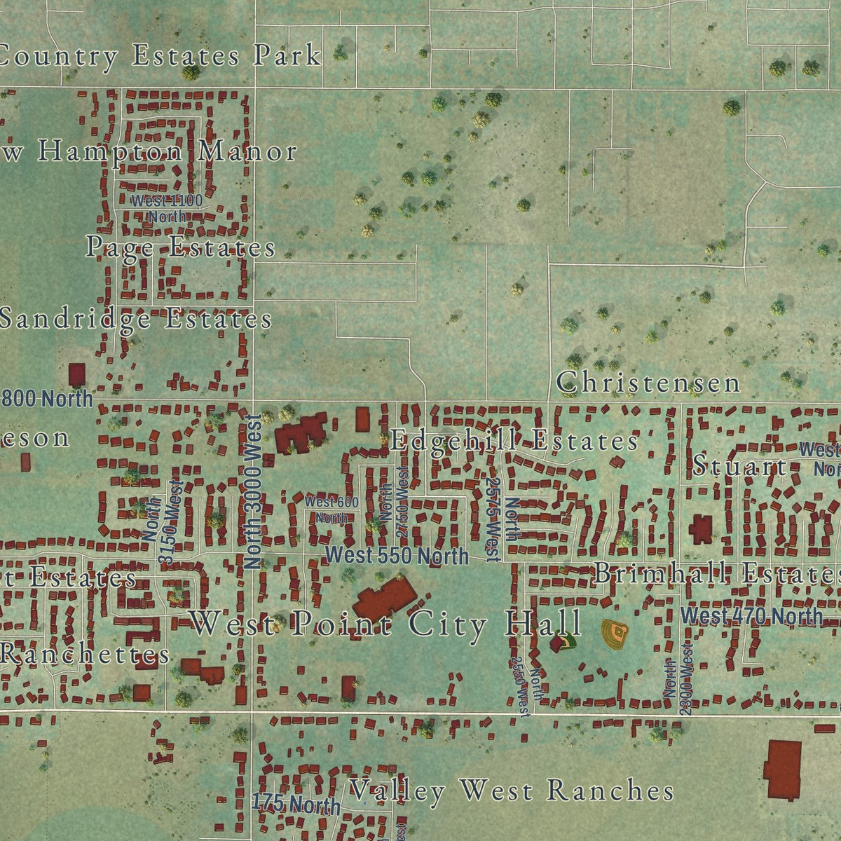 Close-up of the map of West Point, Utah print showing street and building detail