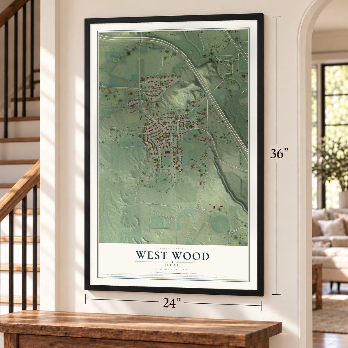 West Wood, Utah map, 24 x 36 inch print in a black frame by a staircase