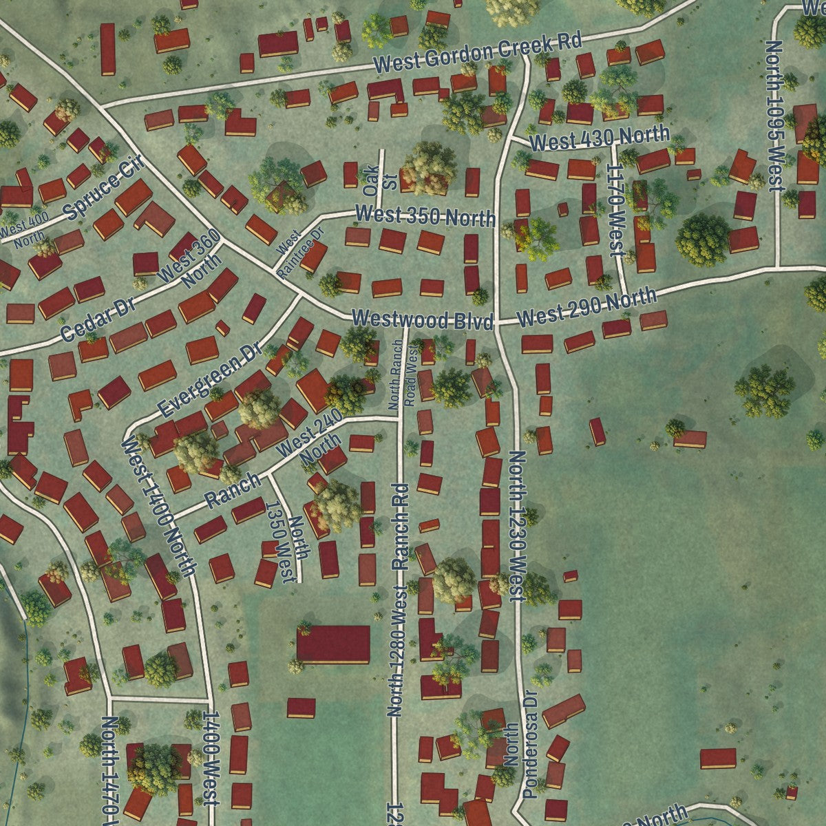 Close-up of the map of West Wood, Utah print showing street and building detail