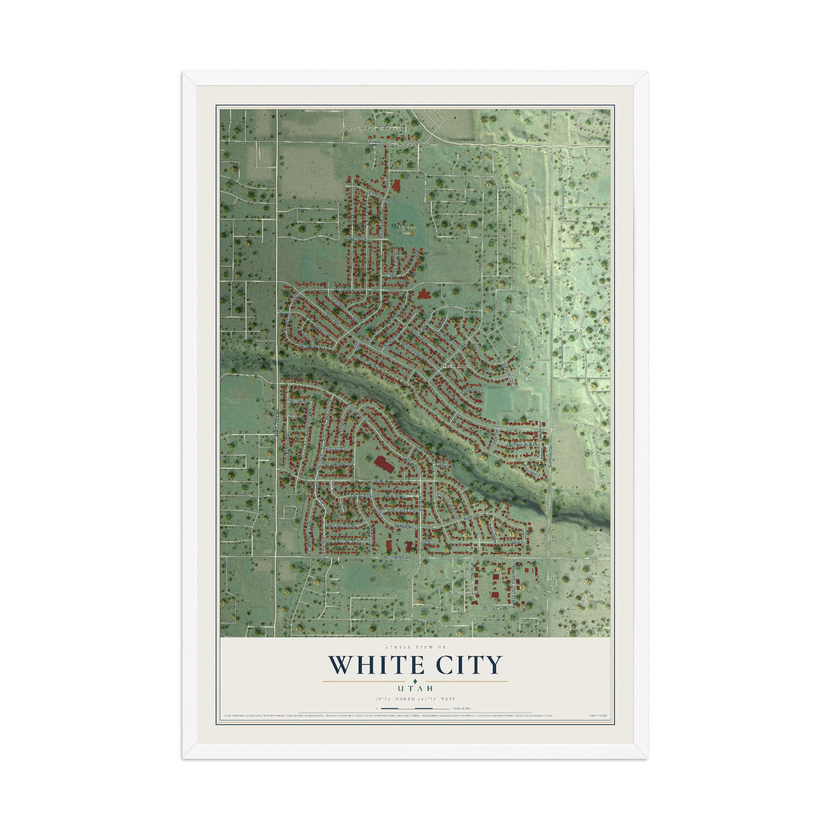 Map of White City, Utah, 12 x 18 inch print in a white wood frame