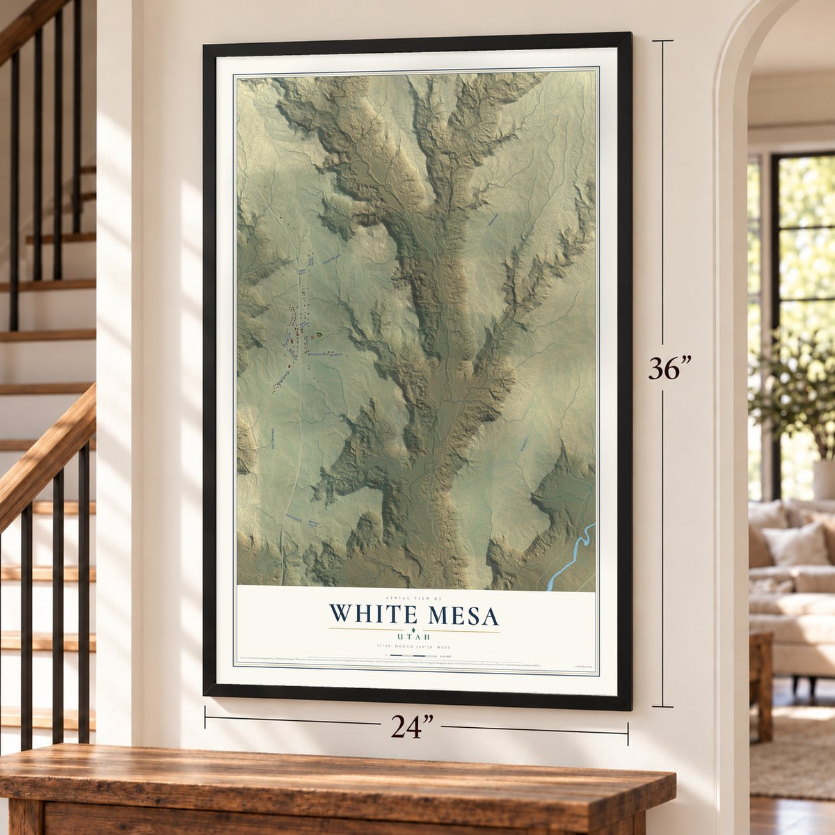 White Mesa, Utah map, 24 x 36 inch print in a black frame by a staircase
