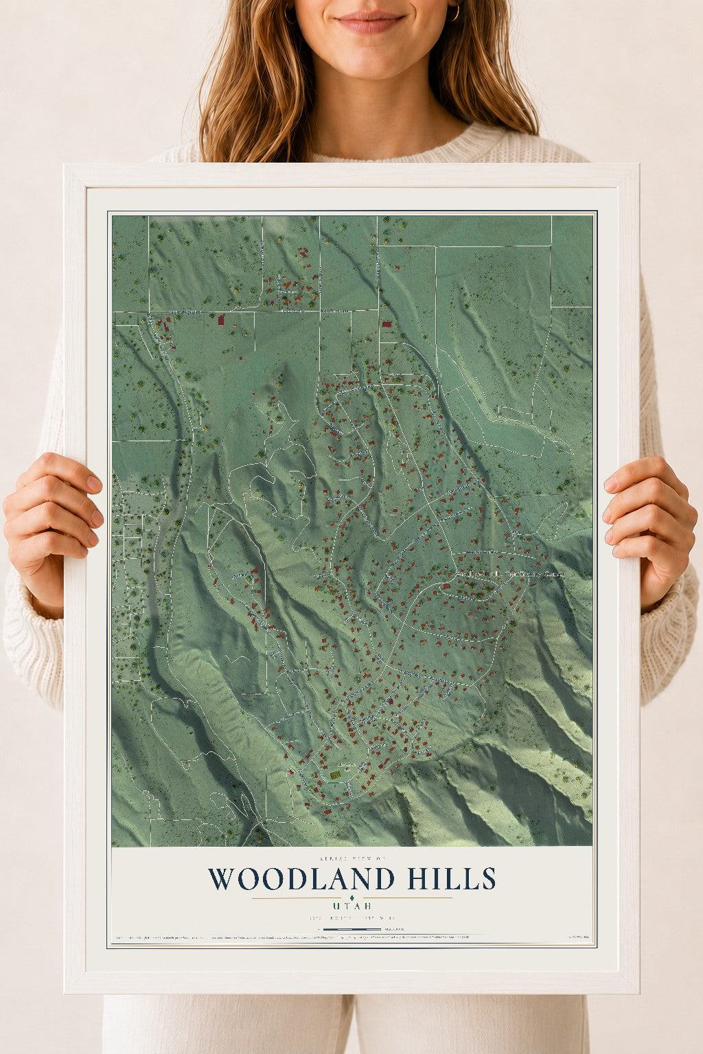 Map of Woodland Hills, Utah, 18 x 24 inch print in a white wood frame