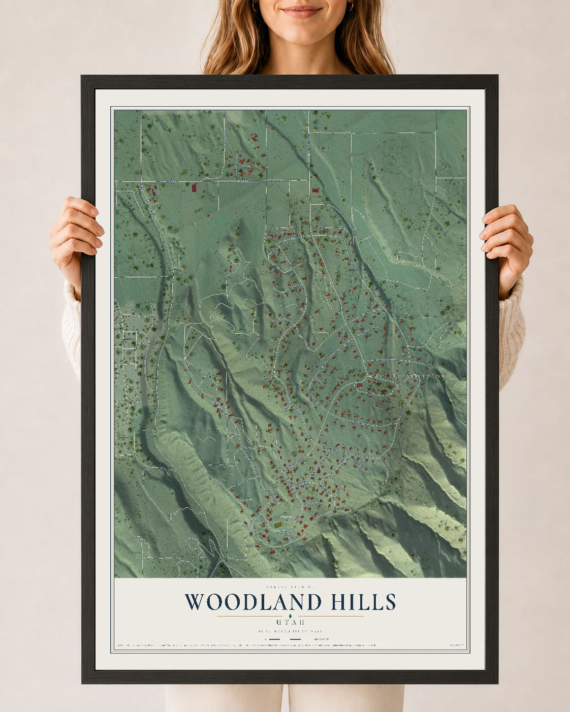 Map of Woodland Hills, Utah, 24 x 36 inch print in a black wood frame
