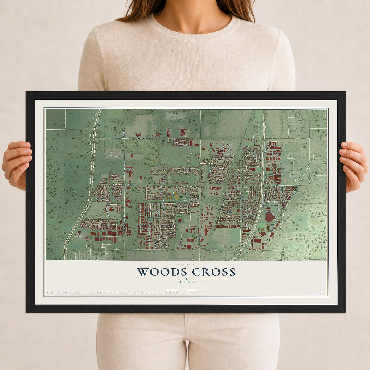 Map of Woods Cross, Utah, 12 x 18 inch print in a black wood frame