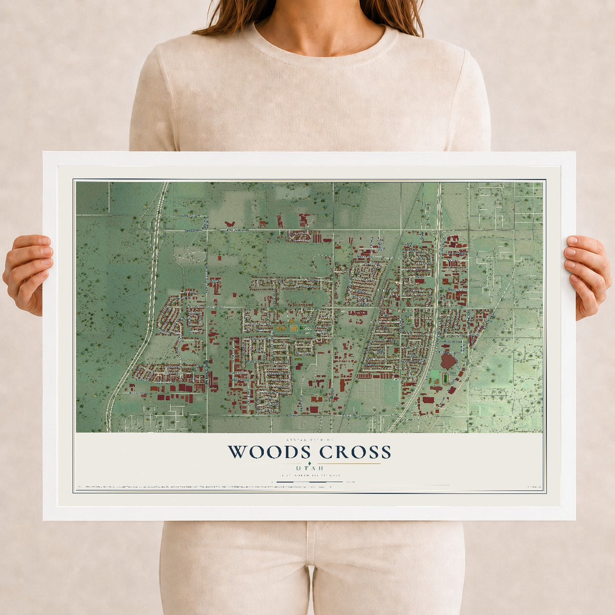 Map of Woods Cross, Utah, 12 x 18 inch print in a white wood frame