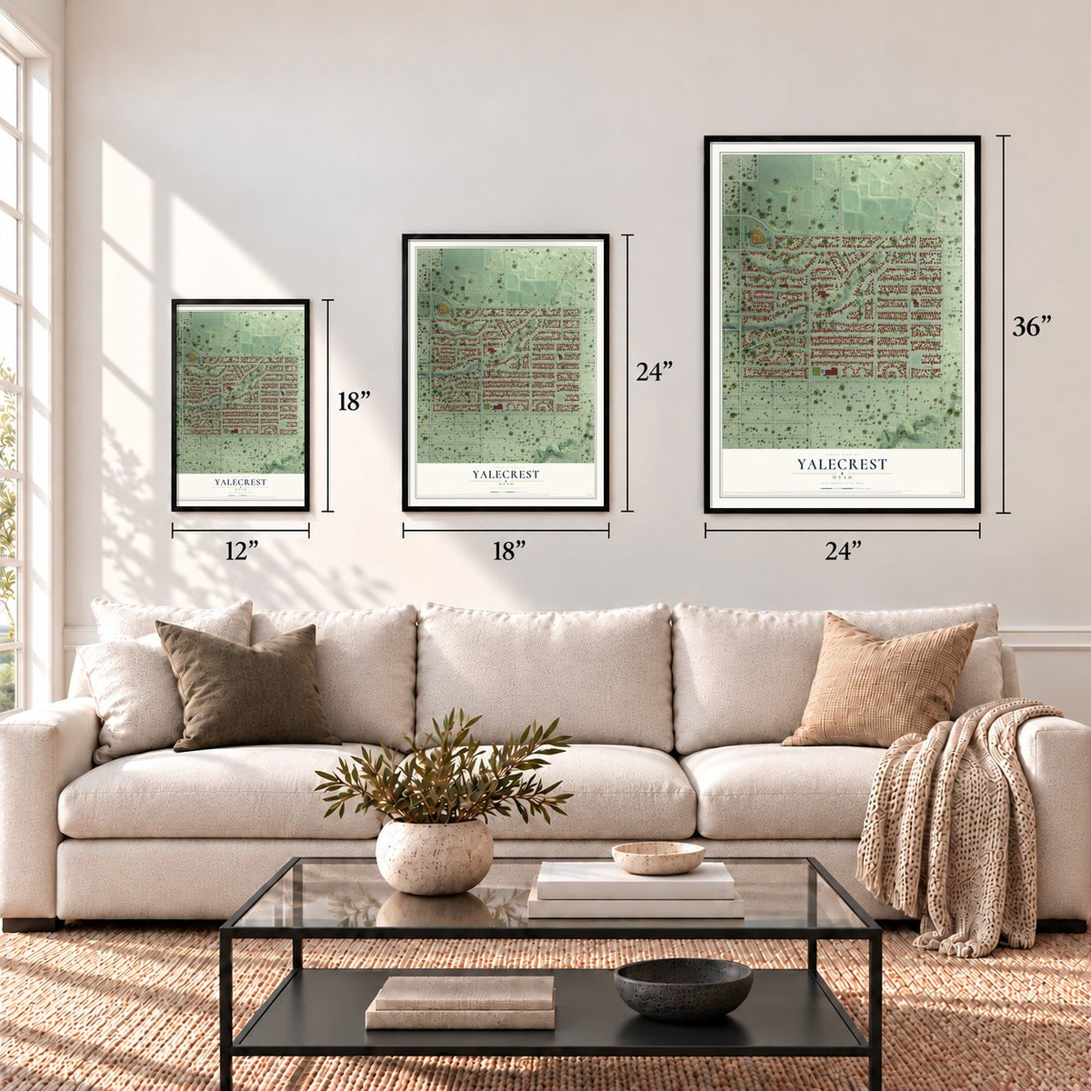 Yalecrest, Utah map in 12 x 18, 18 x 24 and 24 x 36 inch sizes above a sofa