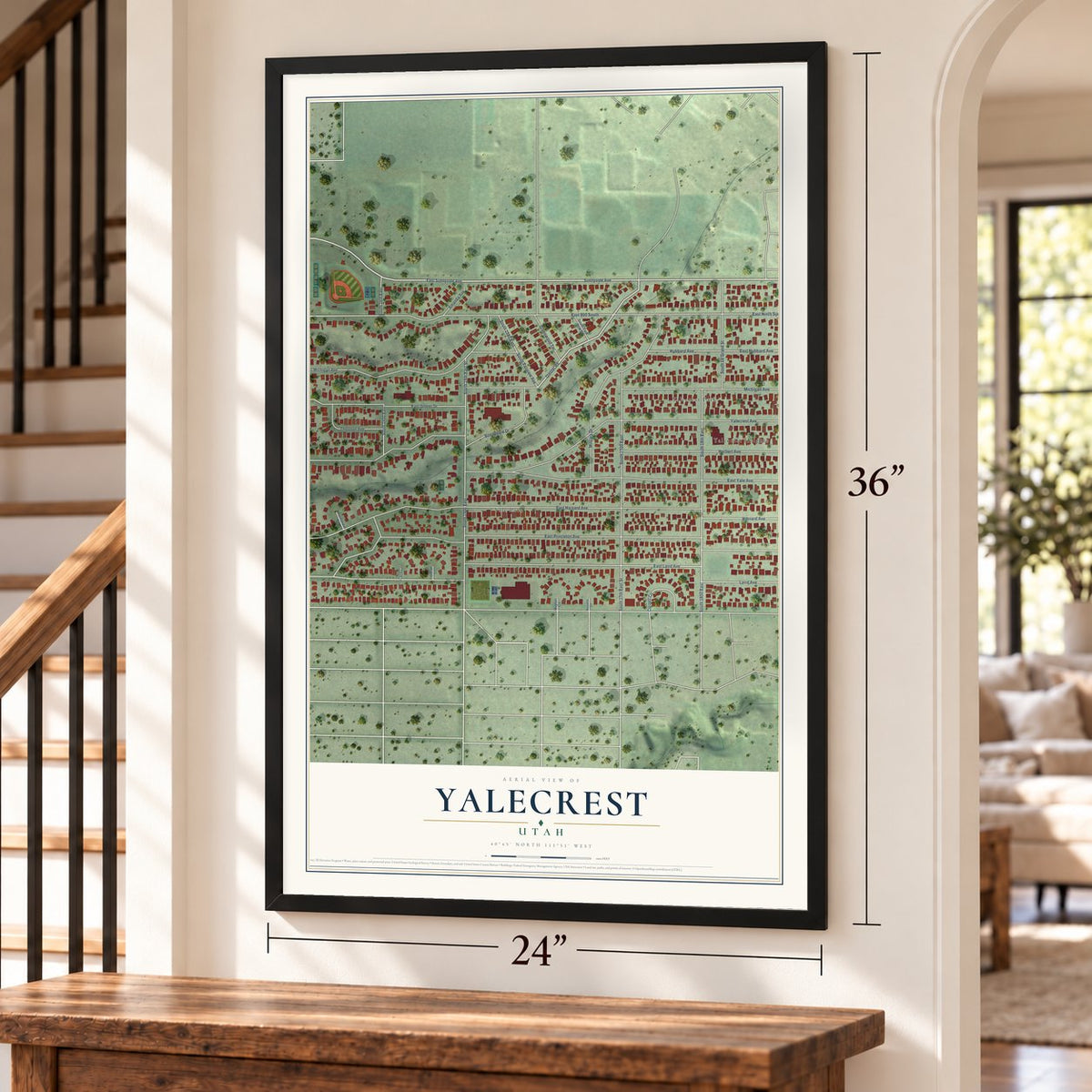 Yalecrest, Utah map, 24 x 36 inch print in a black frame by a staircase