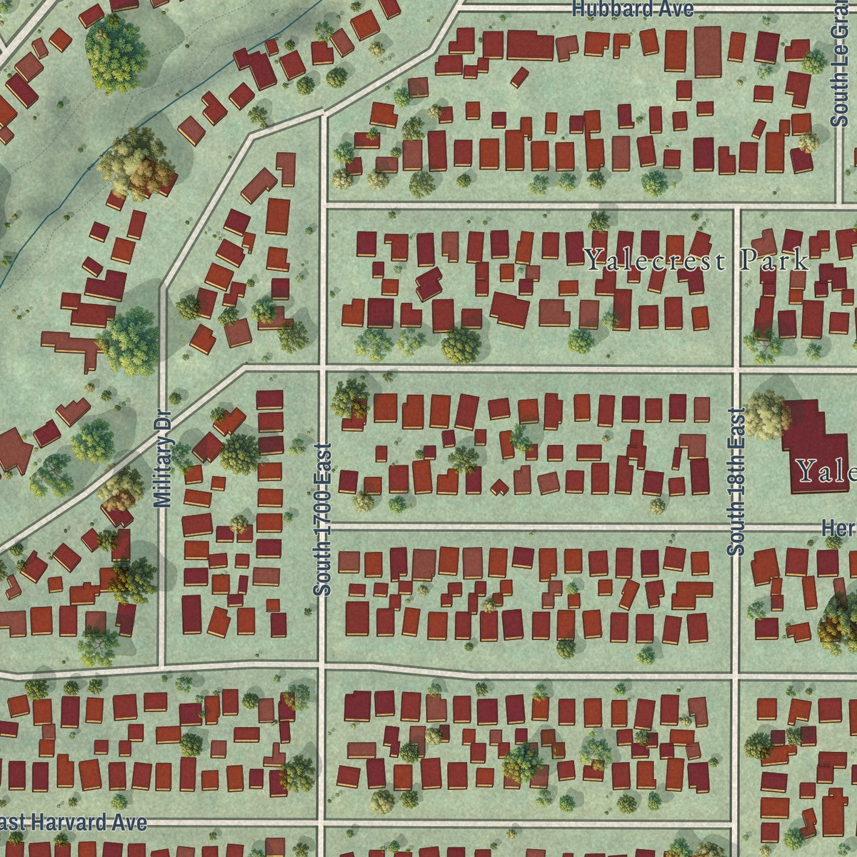 Close-up of the map of Yalecrest, Utah print showing street and building detail