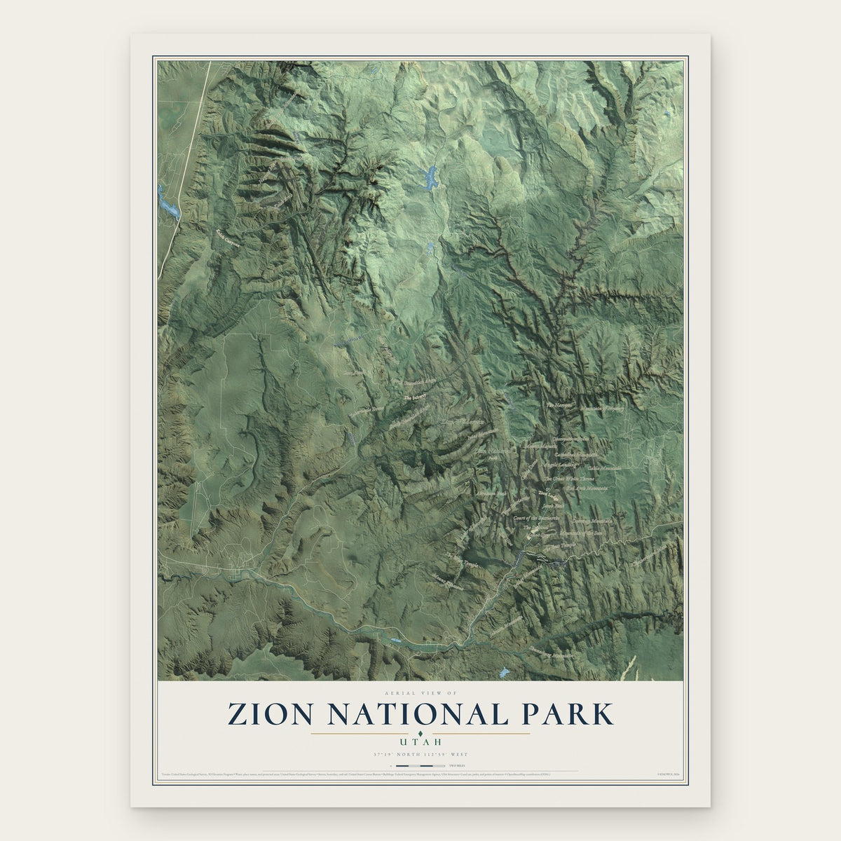 Zion National Park, Utah map print, the full design