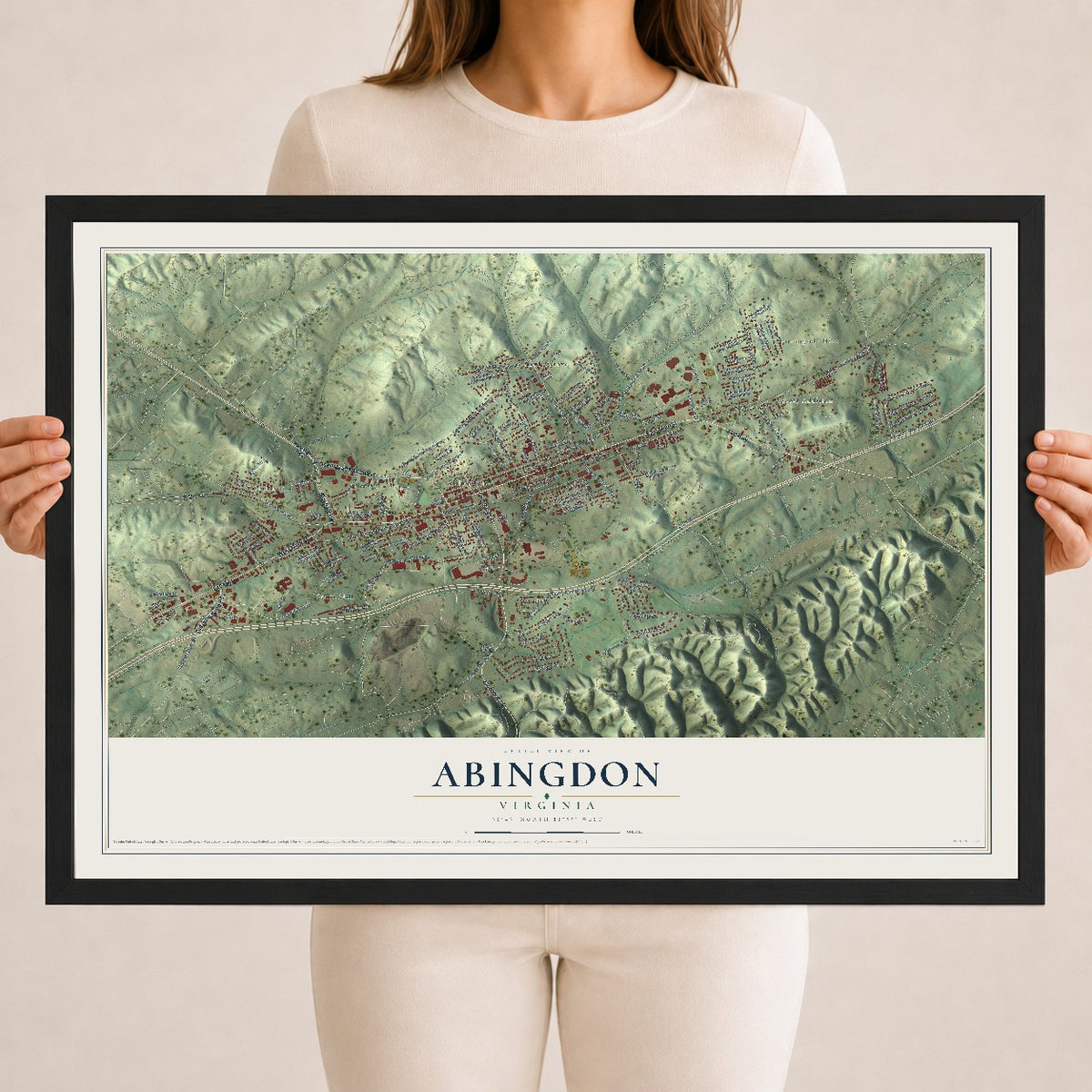 Map of Abingdon, Virginia, 18 x 24 inch print in a black wood frame