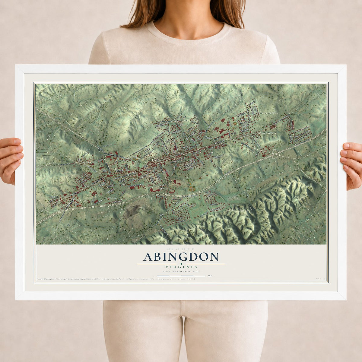 Map of Abingdon, Virginia, 18 x 24 inch print in a white wood frame