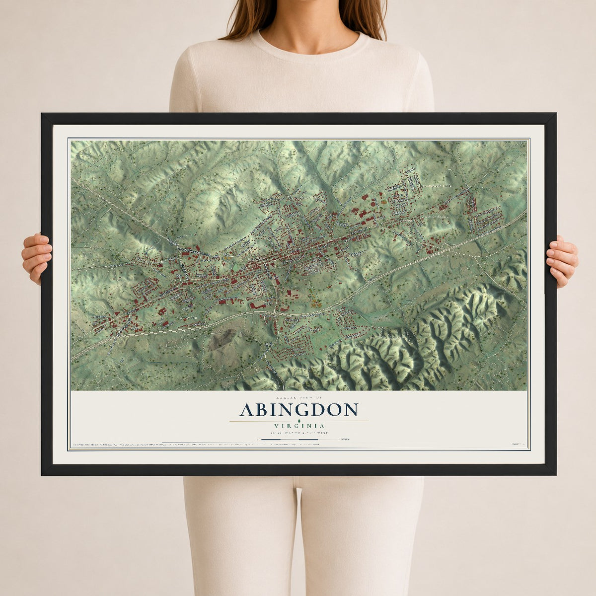 Map of Abingdon, Virginia, 24 x 36 inch print in a black wood frame