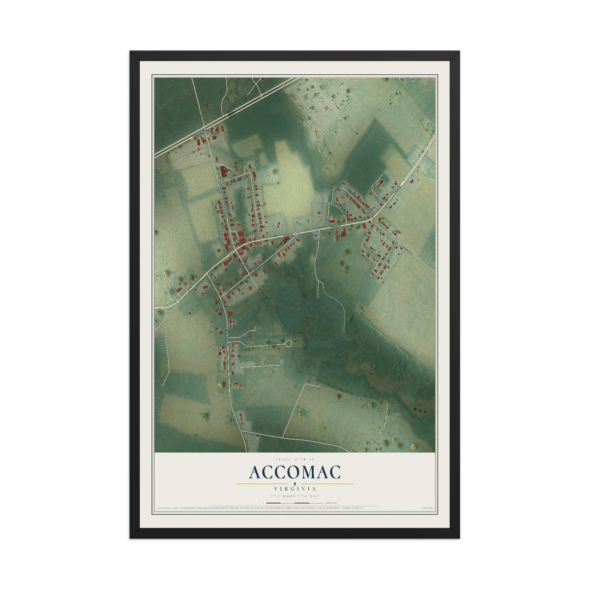 Map of Accomac, Virginia, 12 x 18 inch print in a black wood frame
