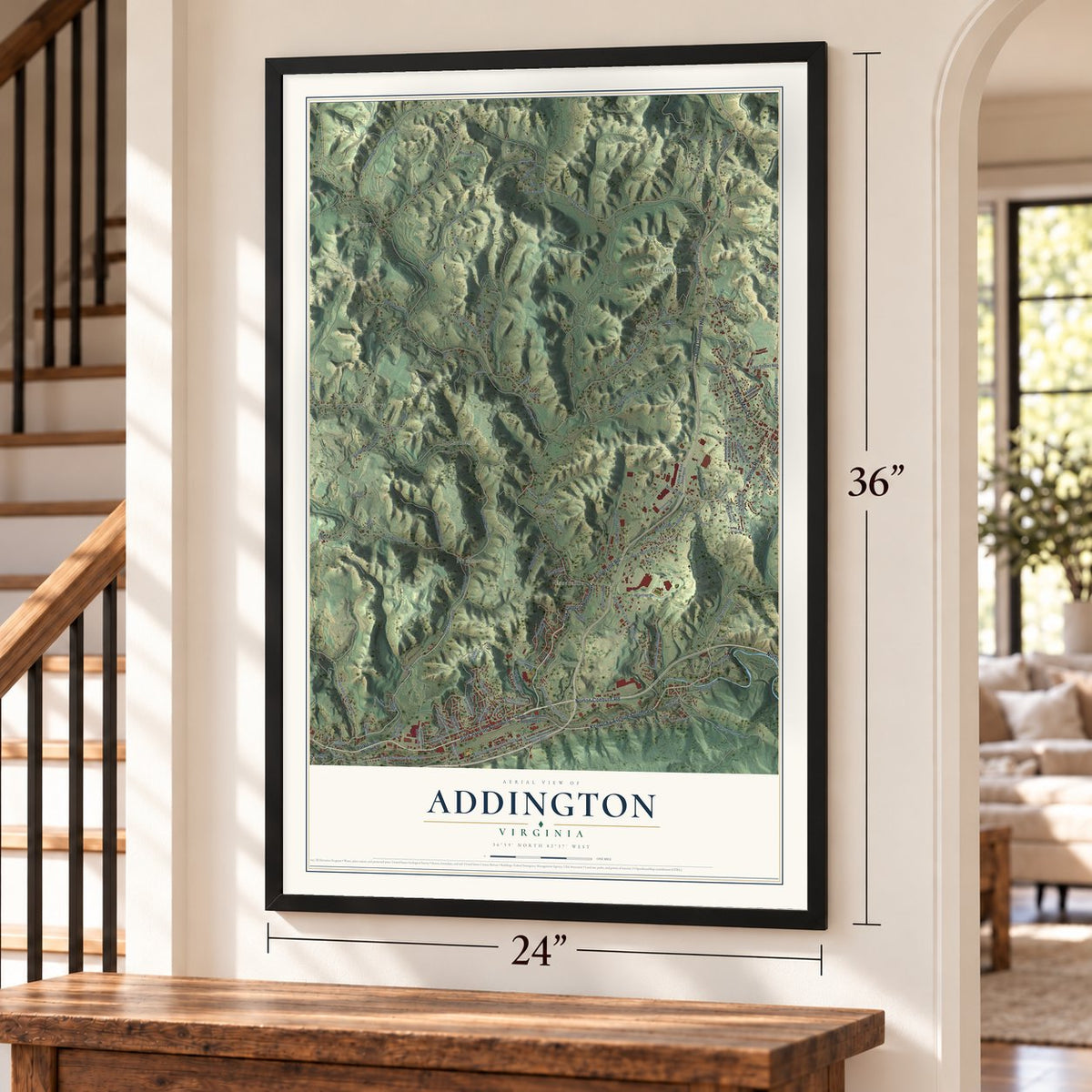 Addington, Virginia map, 24 x 36 inch print in a black frame by a staircase