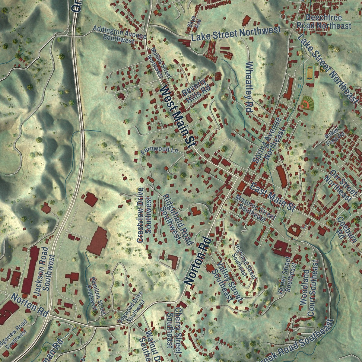 Close-up of the map of Addington, Virginia print showing street and building detail