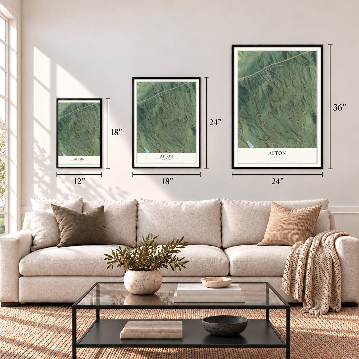 Afton, Virginia map in 12 x 18, 18 x 24 and 24 x 36 inch sizes above a sofa