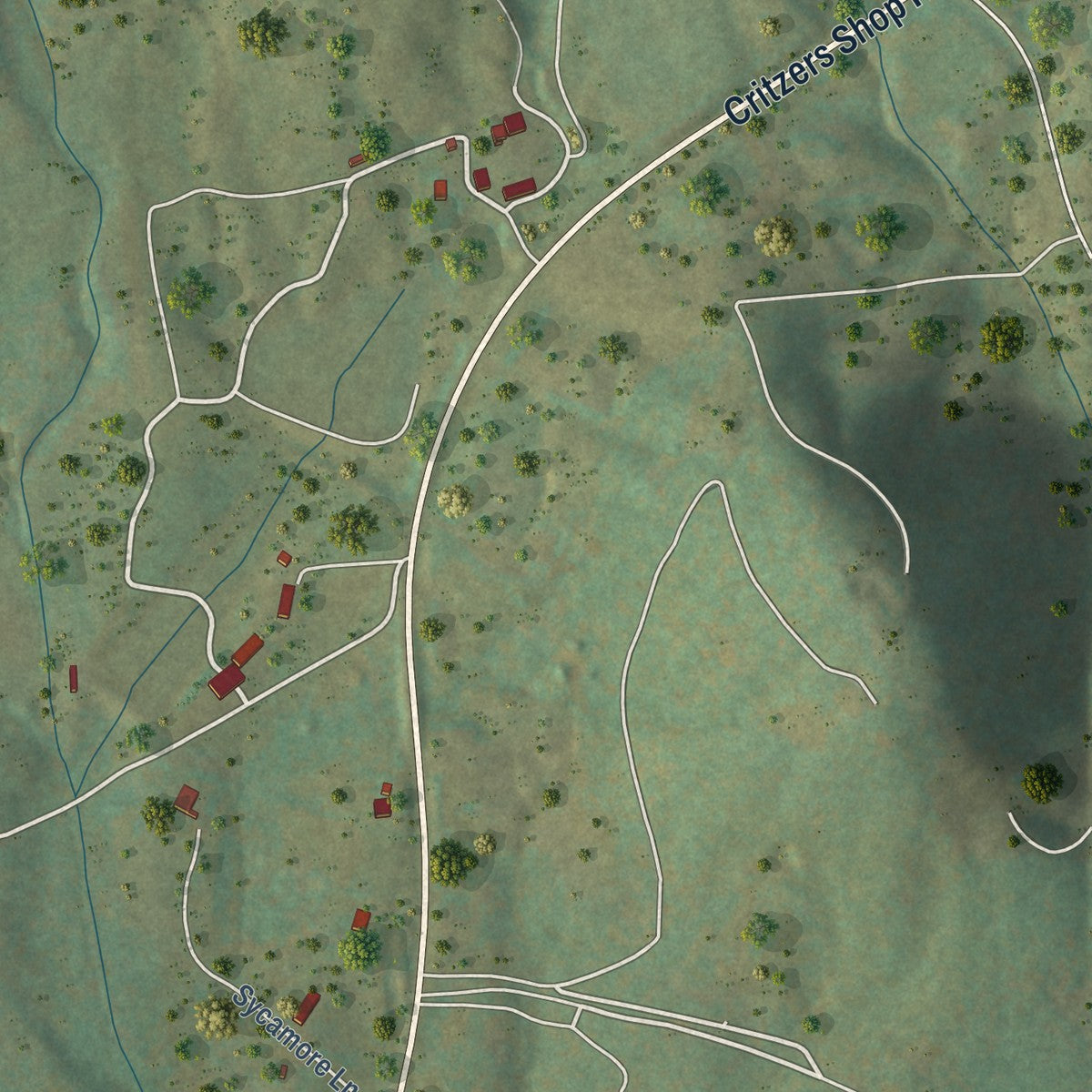 Close-up of the map of Afton, Virginia print showing street and building detail