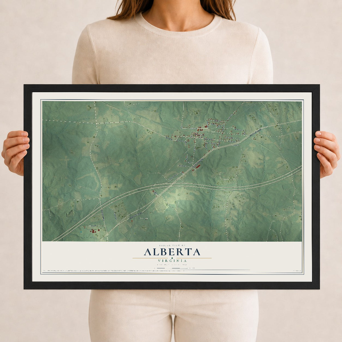 Map of Alberta, Virginia, 12 x 18 inch print in a black wood frame