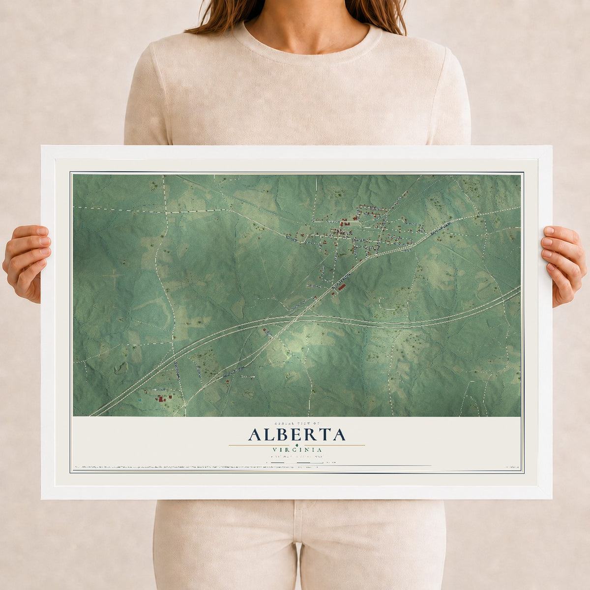 Map of Alberta, Virginia, 12 x 18 inch print in a white wood frame