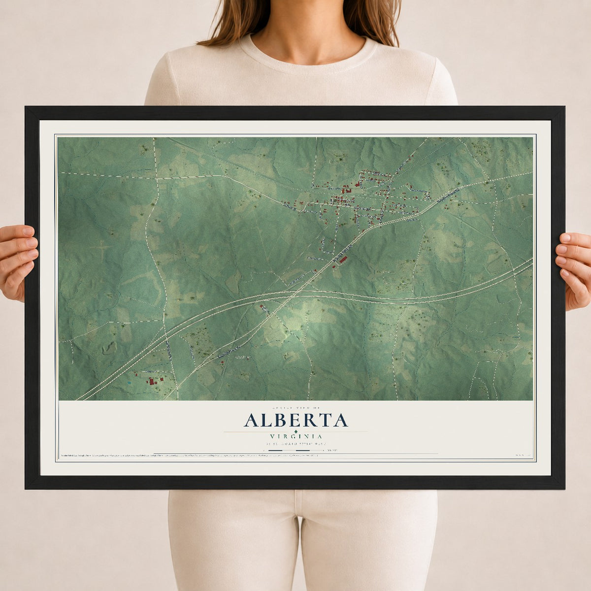 Map of Alberta, Virginia, 18 x 24 inch print in a black wood frame
