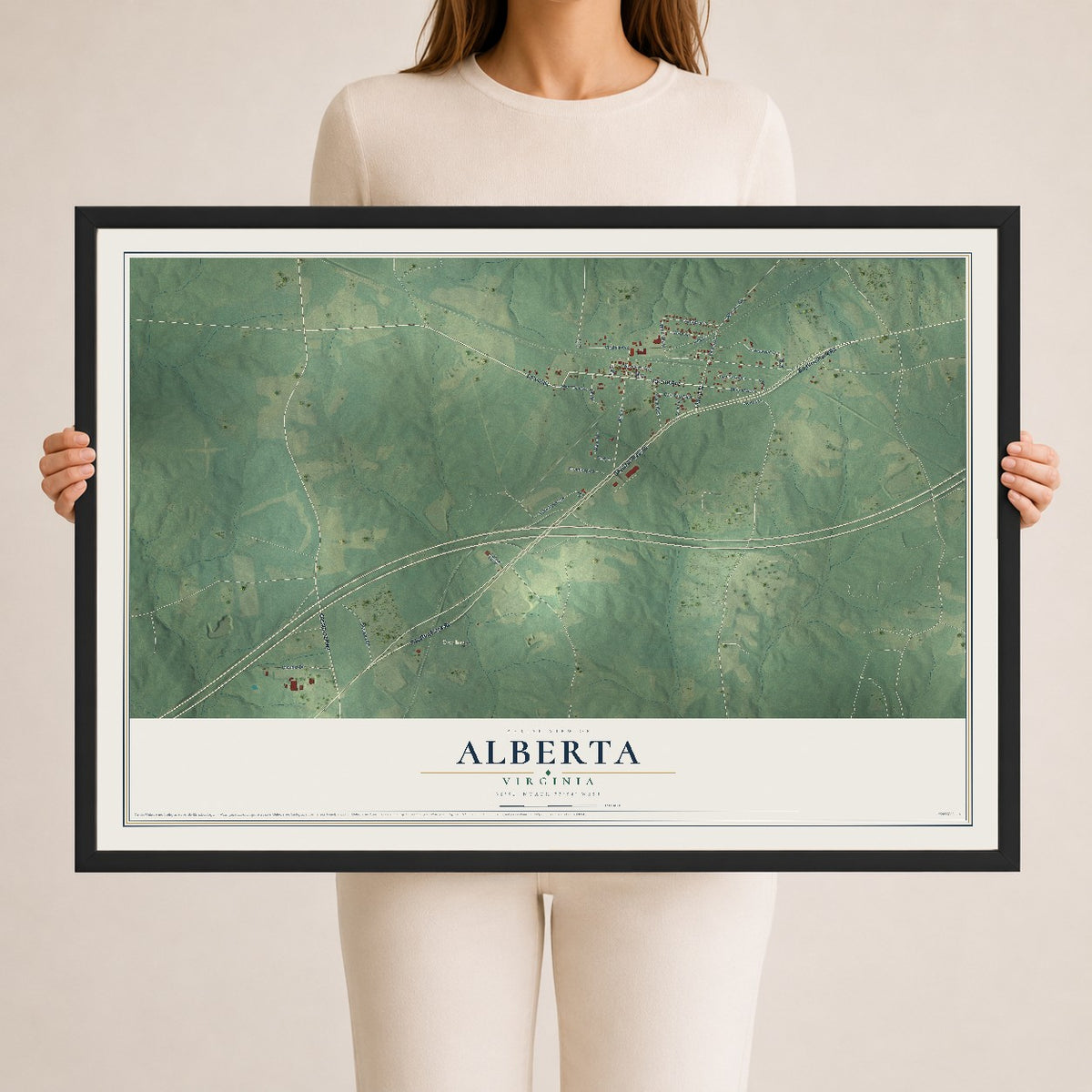 Map of Alberta, Virginia, 24 x 36 inch print in a black wood frame