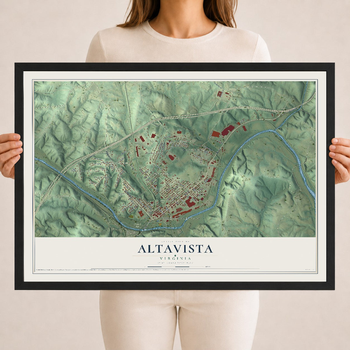Map of Altavista, Virginia, 18 x 24 inch print in a black wood frame