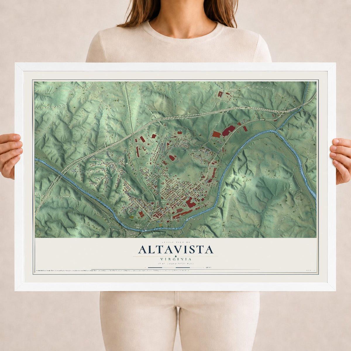 Map of Altavista, Virginia, 18 x 24 inch print in a white wood frame