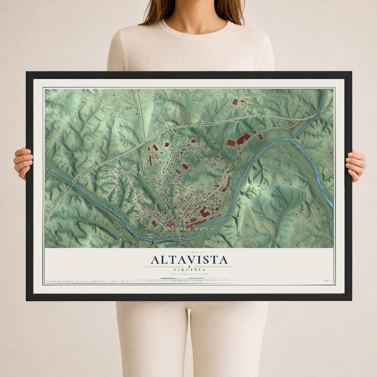 Map of Altavista, Virginia, 24 x 36 inch print in a black wood frame
