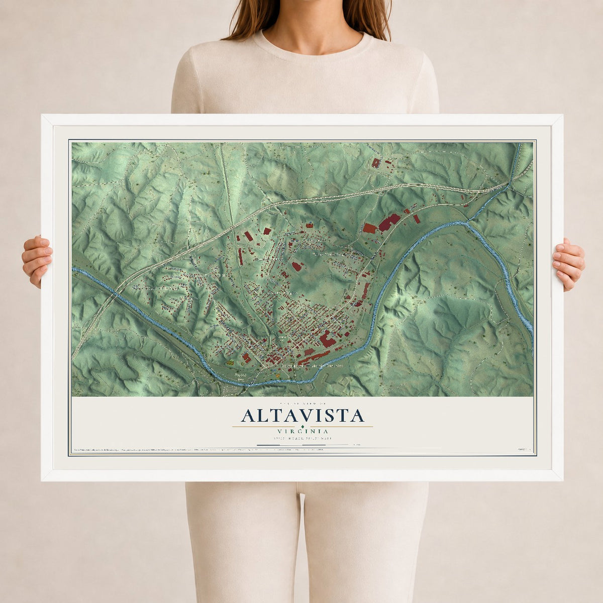 Map of Altavista, Virginia, 24 x 36 inch print in a white wood frame