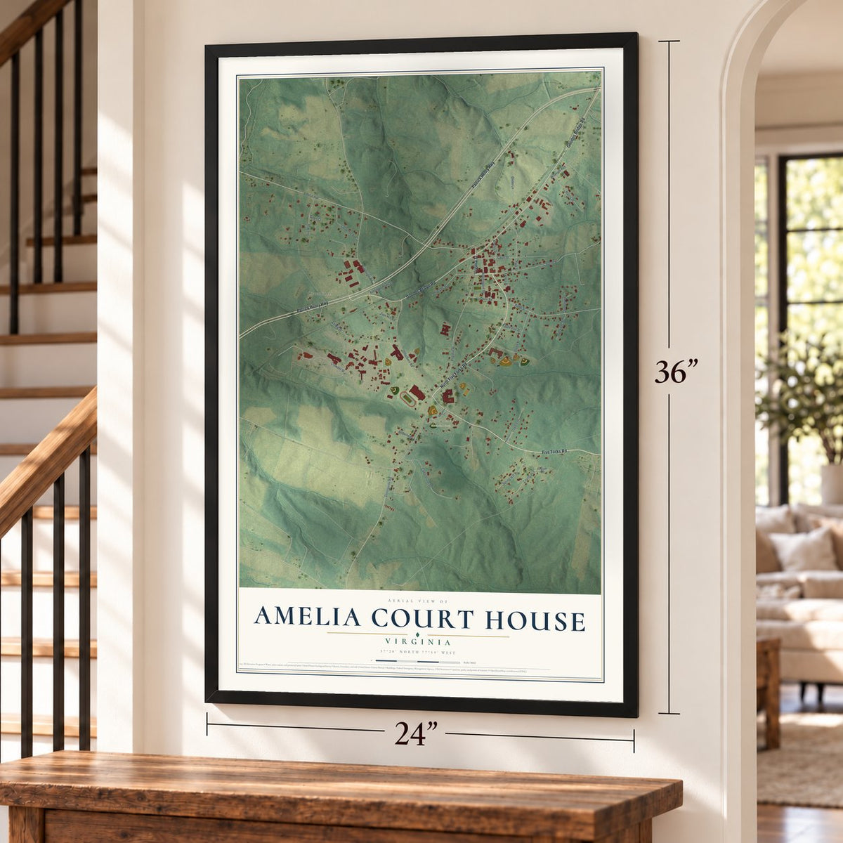 Amelia Court House, Virginia map, 24 x 36 inch print in a black frame by a staircase
