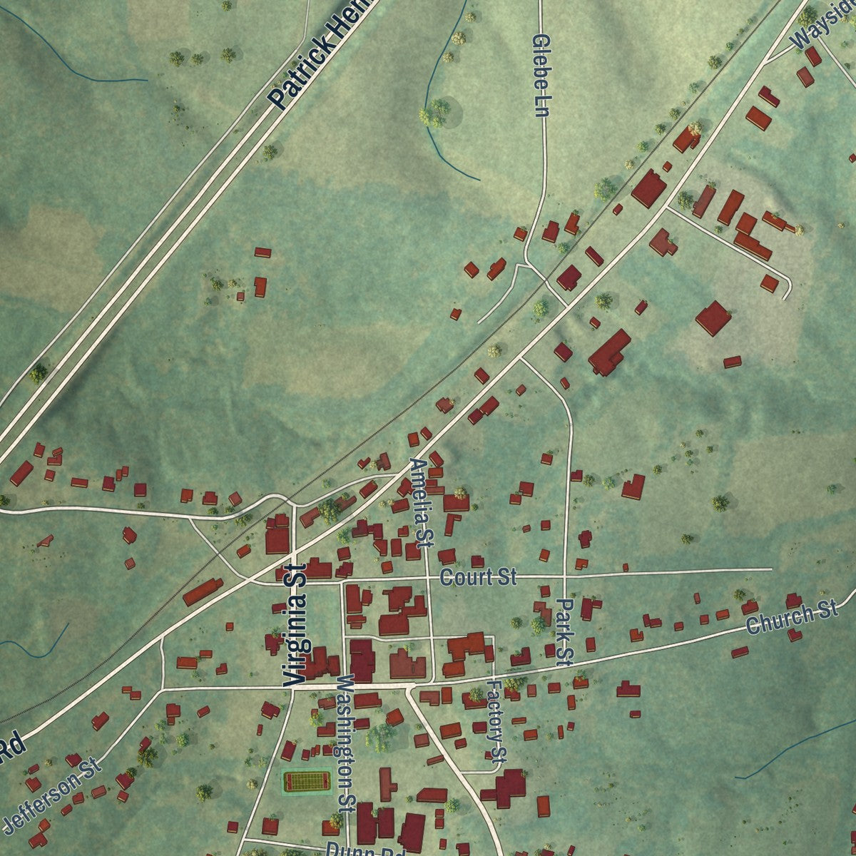 Close-up of the map of Amelia Court House, Virginia print showing street and building detail