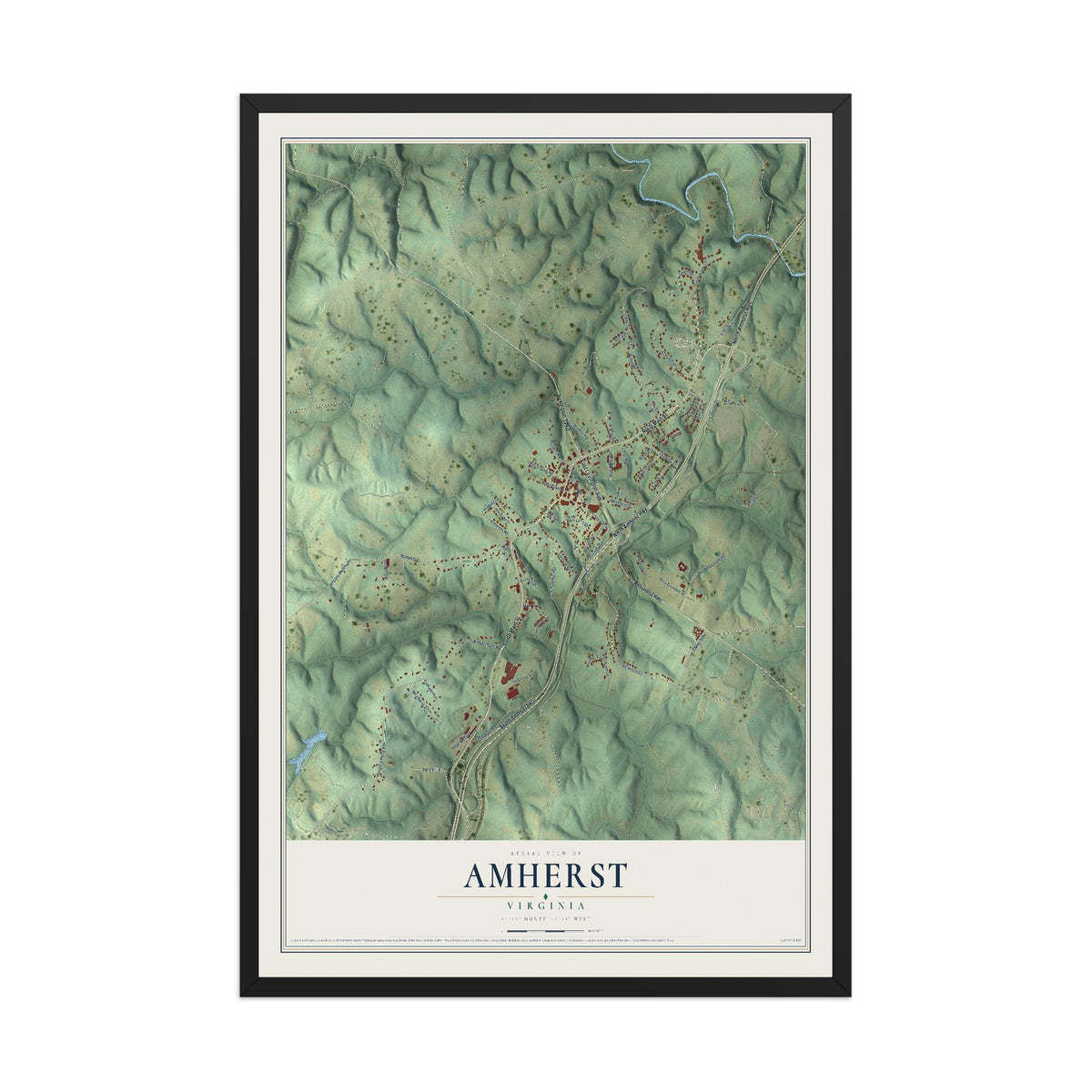 Map of Amherst, Virginia, 12 x 18 inch print in a black wood frame