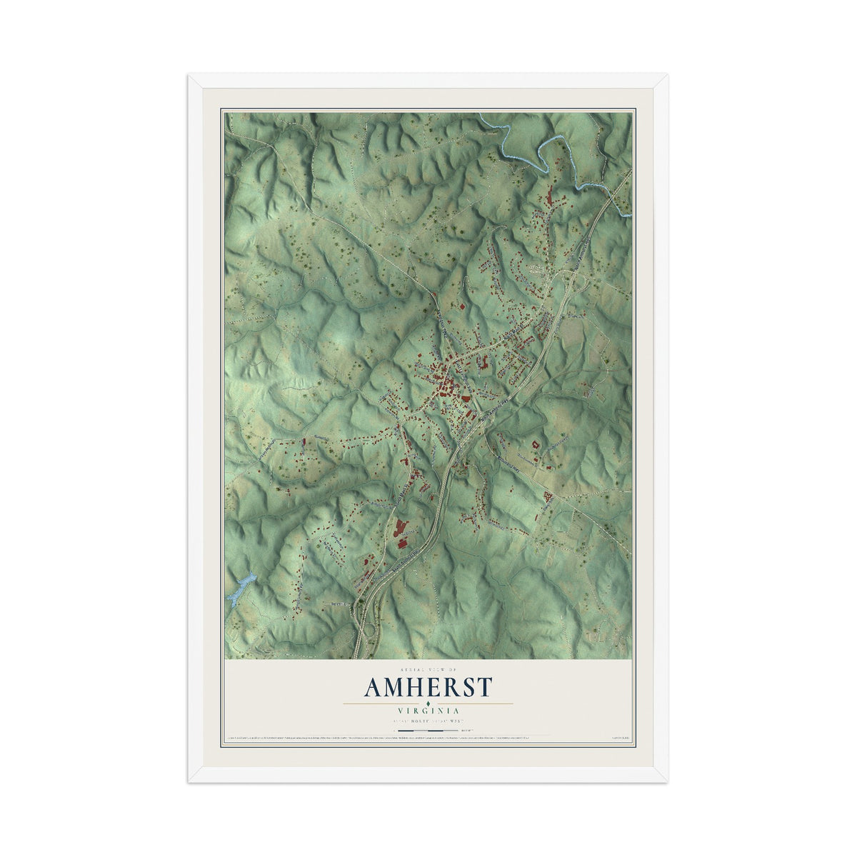 Map of Amherst, Virginia, 12 x 18 inch print in a white wood frame