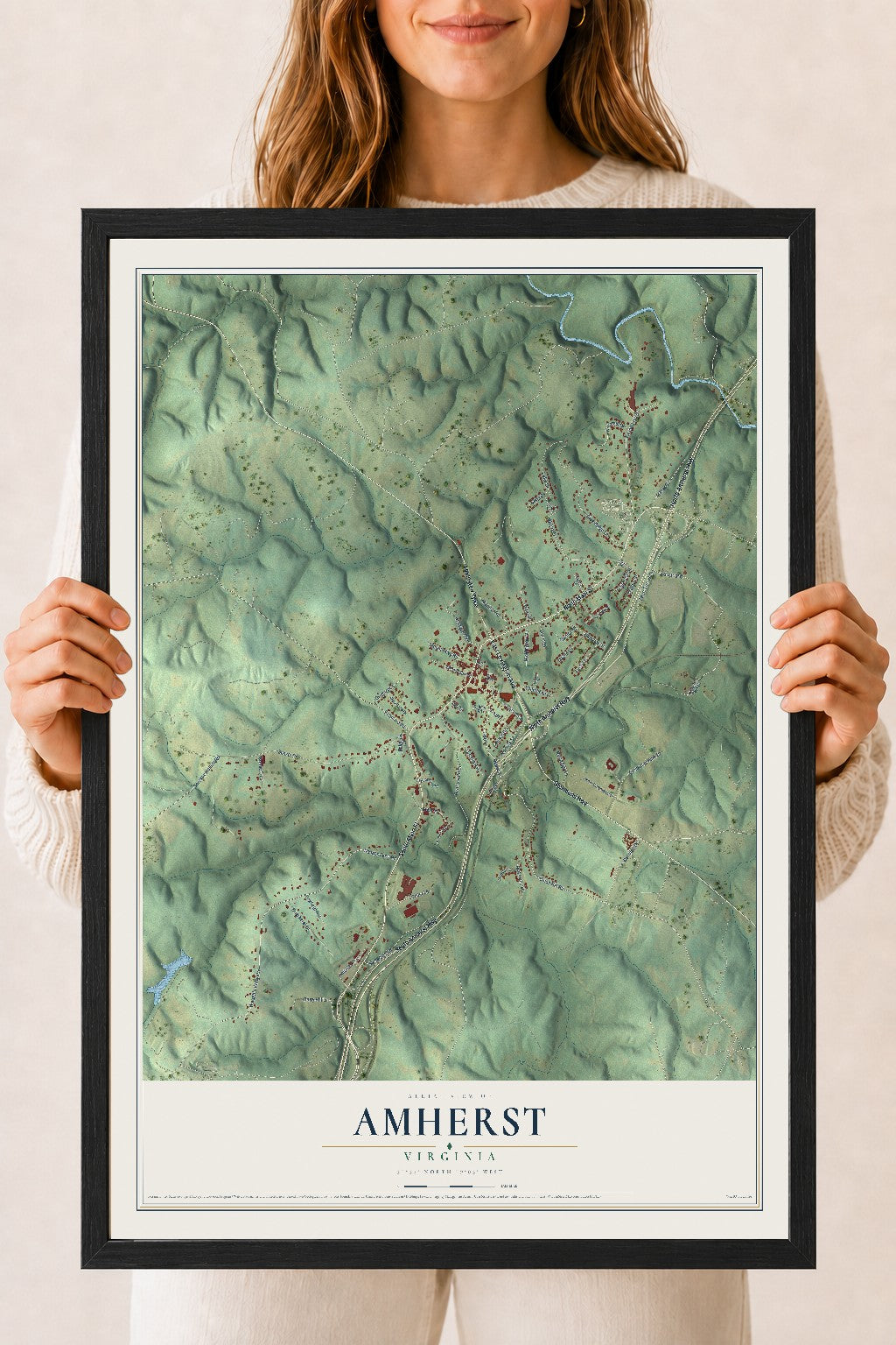 Map of Amherst, Virginia, 18 x 24 inch print in a black wood frame