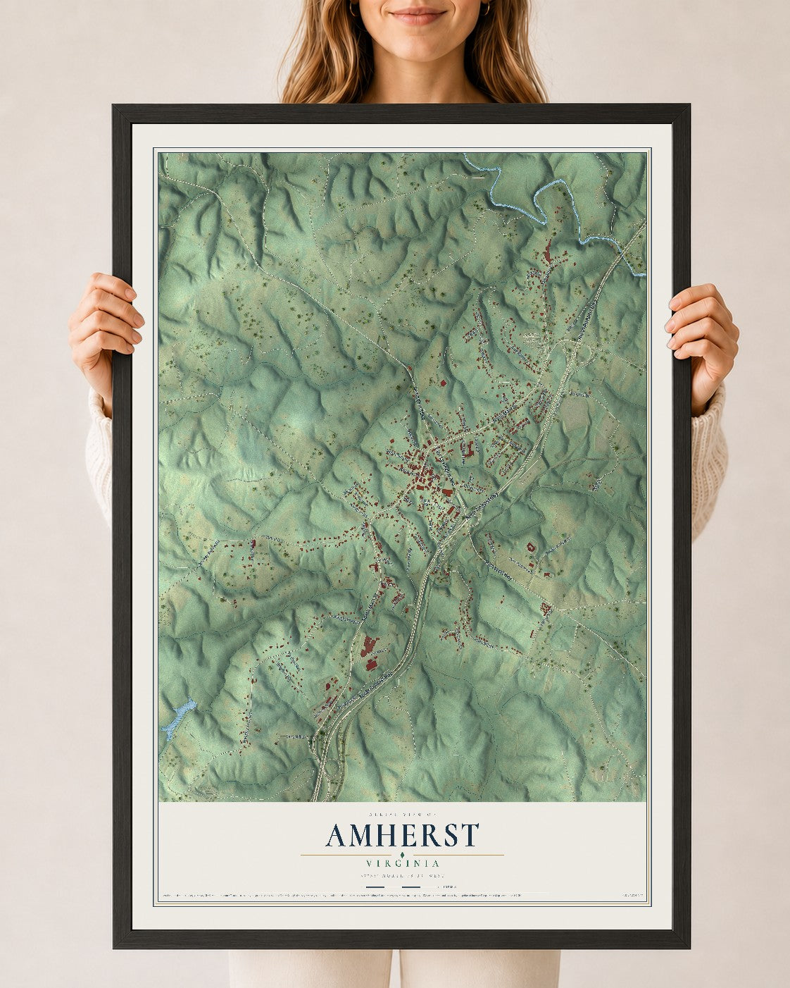 Map of Amherst, Virginia, 24 x 36 inch print in a black wood frame