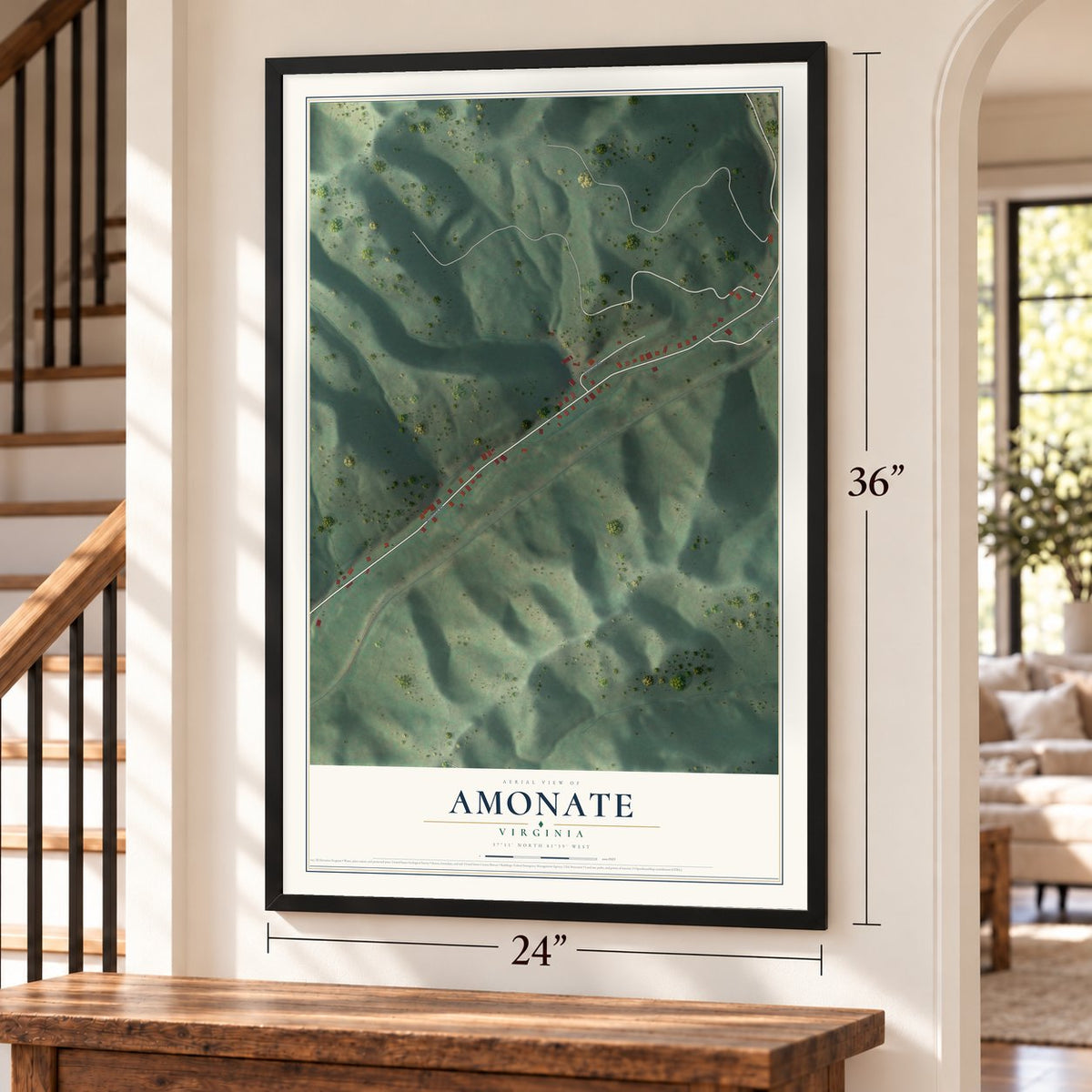 Amonate, Virginia map, 24 x 36 inch print in a black frame by a staircase