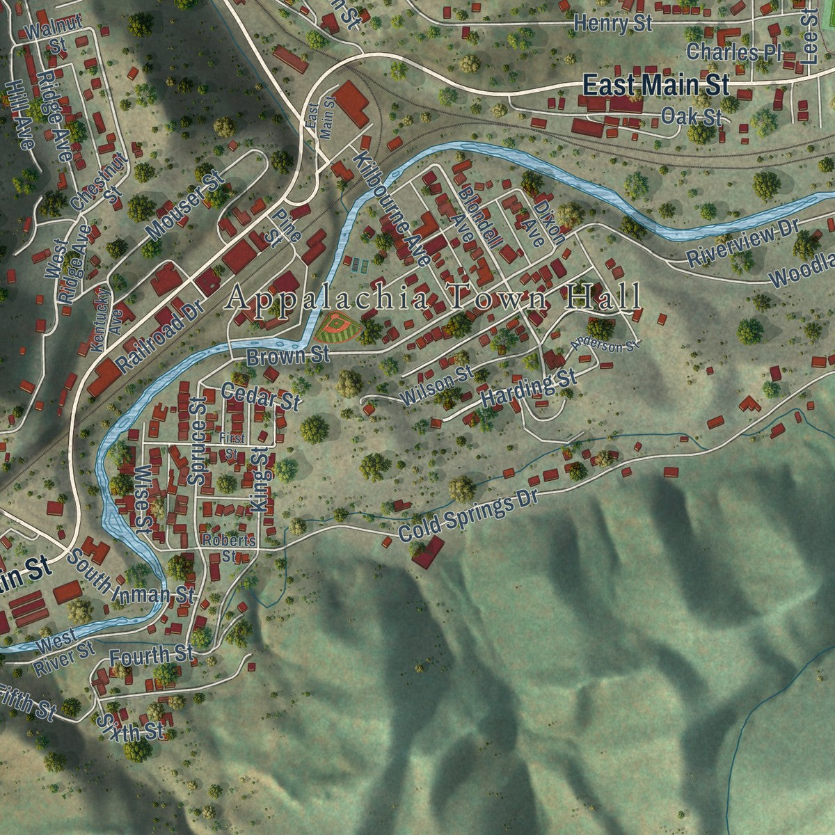 Close-up of the map of Appalachia, Virginia print showing street and building detail