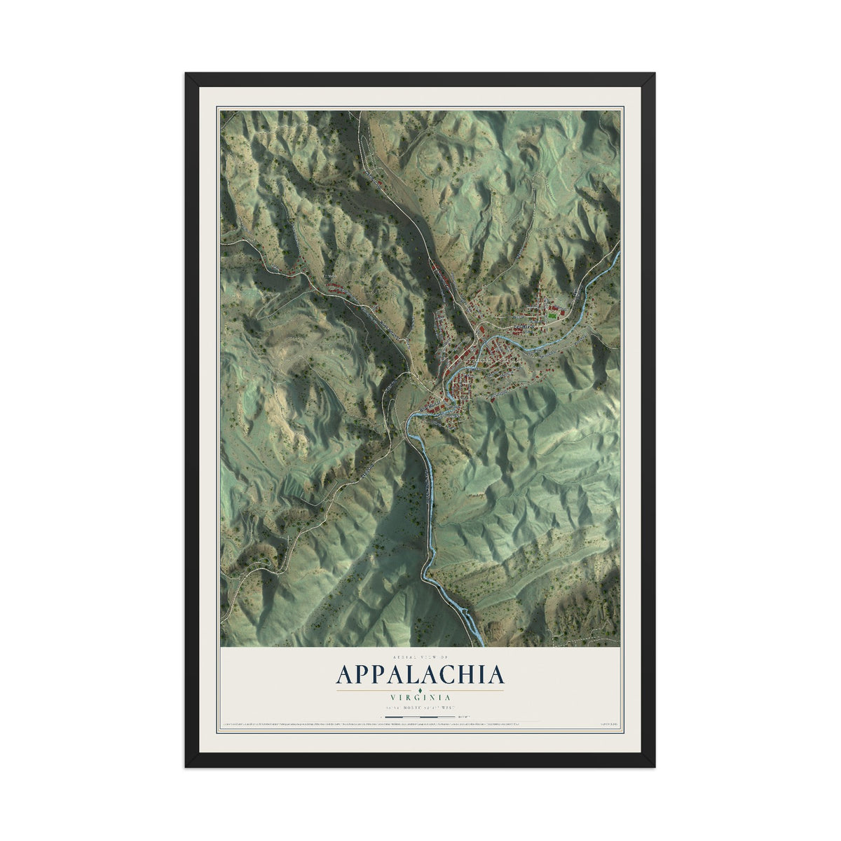 Map of Appalachia, Virginia, 12 x 18 inch print in a black wood frame