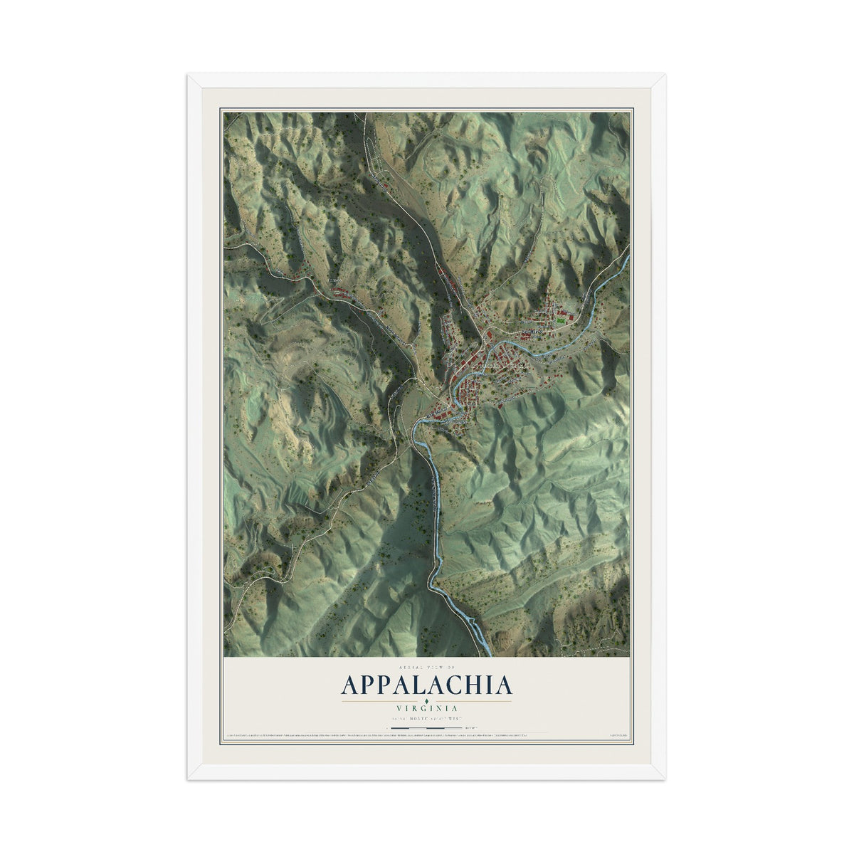 Map of Appalachia, Virginia, 12 x 18 inch print in a white wood frame