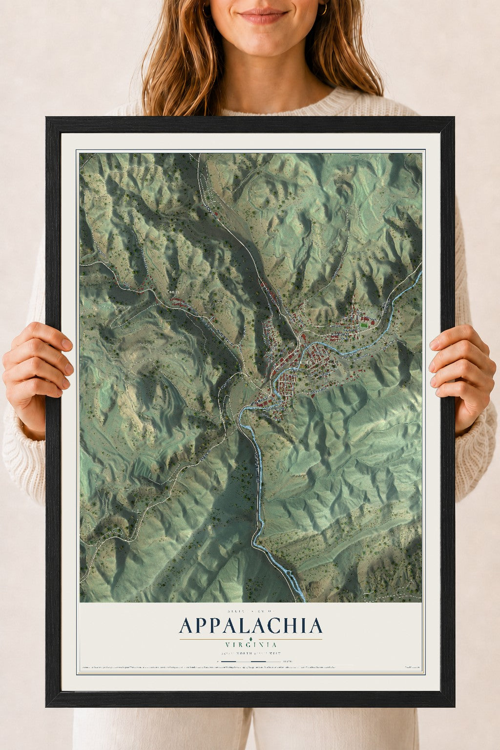 Map of Appalachia, Virginia, 18 x 24 inch print in a black wood frame