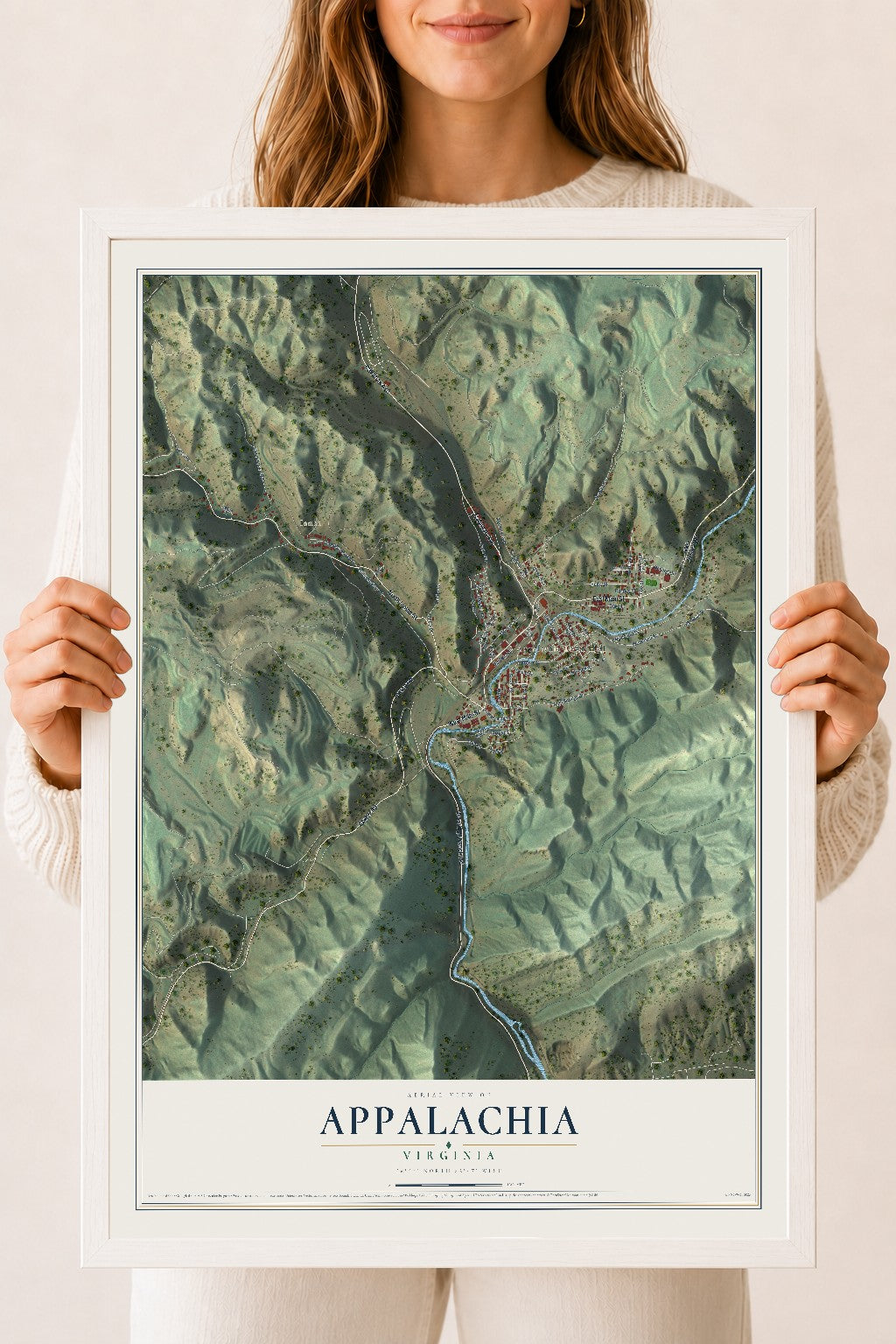Map of Appalachia, Virginia, 18 x 24 inch print in a white wood frame