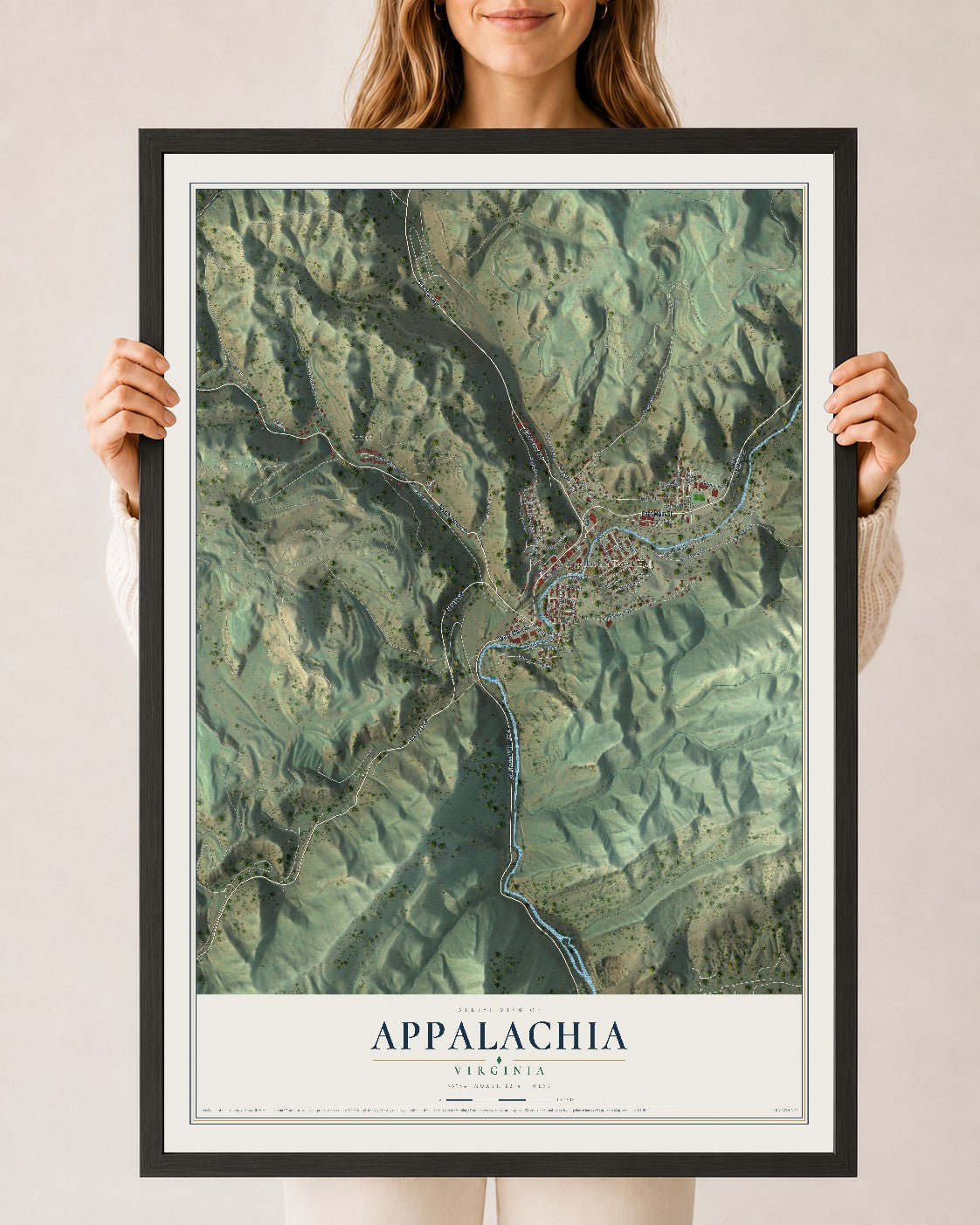 Map of Appalachia, Virginia, 24 x 36 inch print in a black wood frame