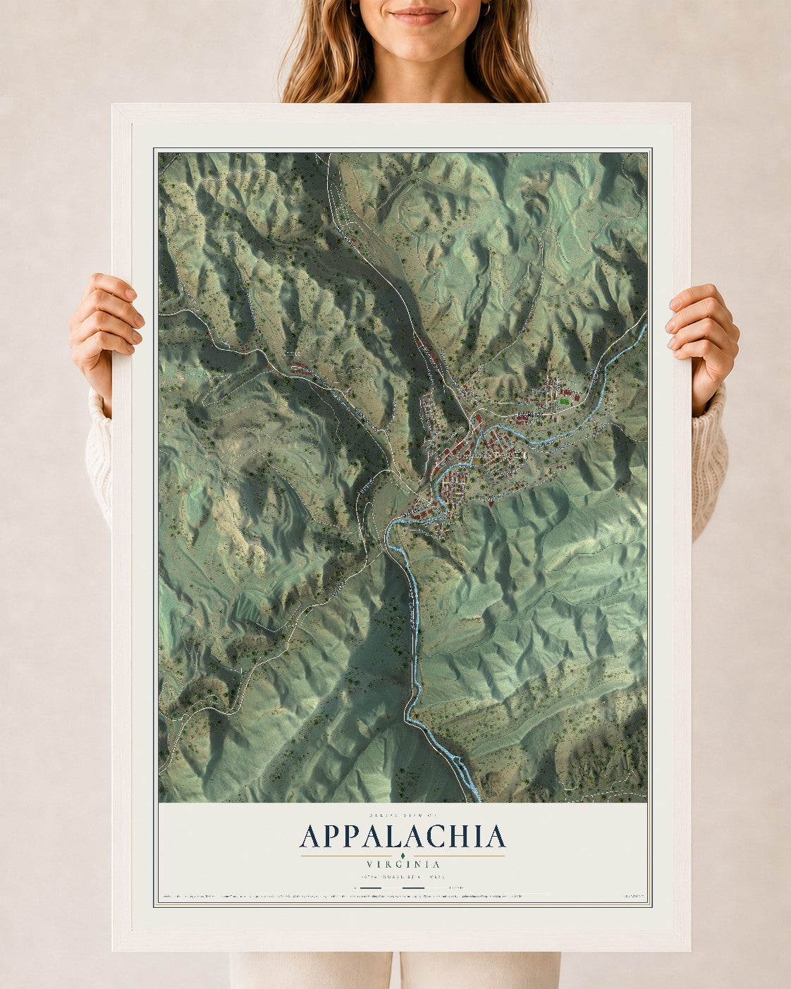 Map of Appalachia, Virginia, 24 x 36 inch print in a white wood frame