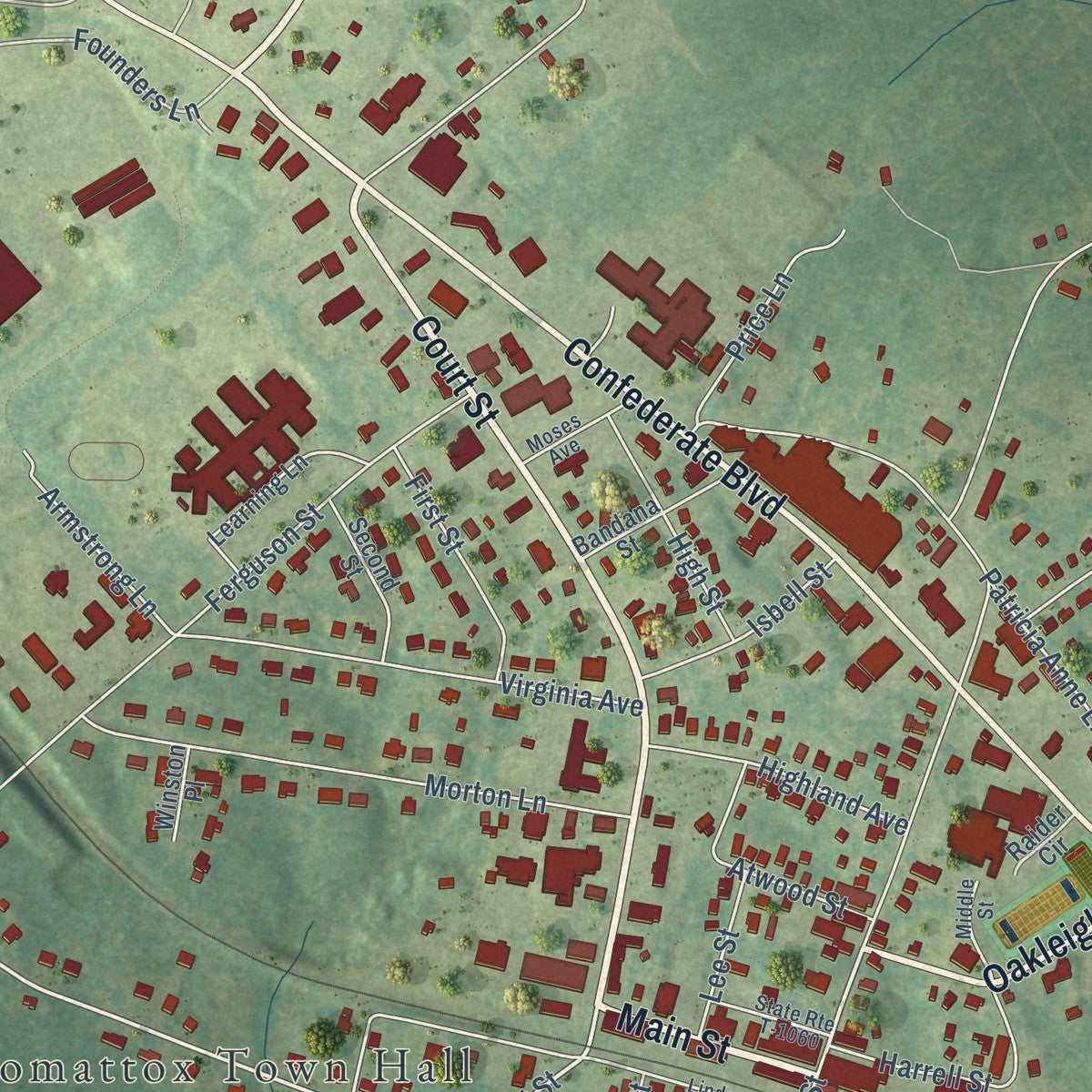 Close-up of the map of Appomattox, Virginia print showing street and building detail