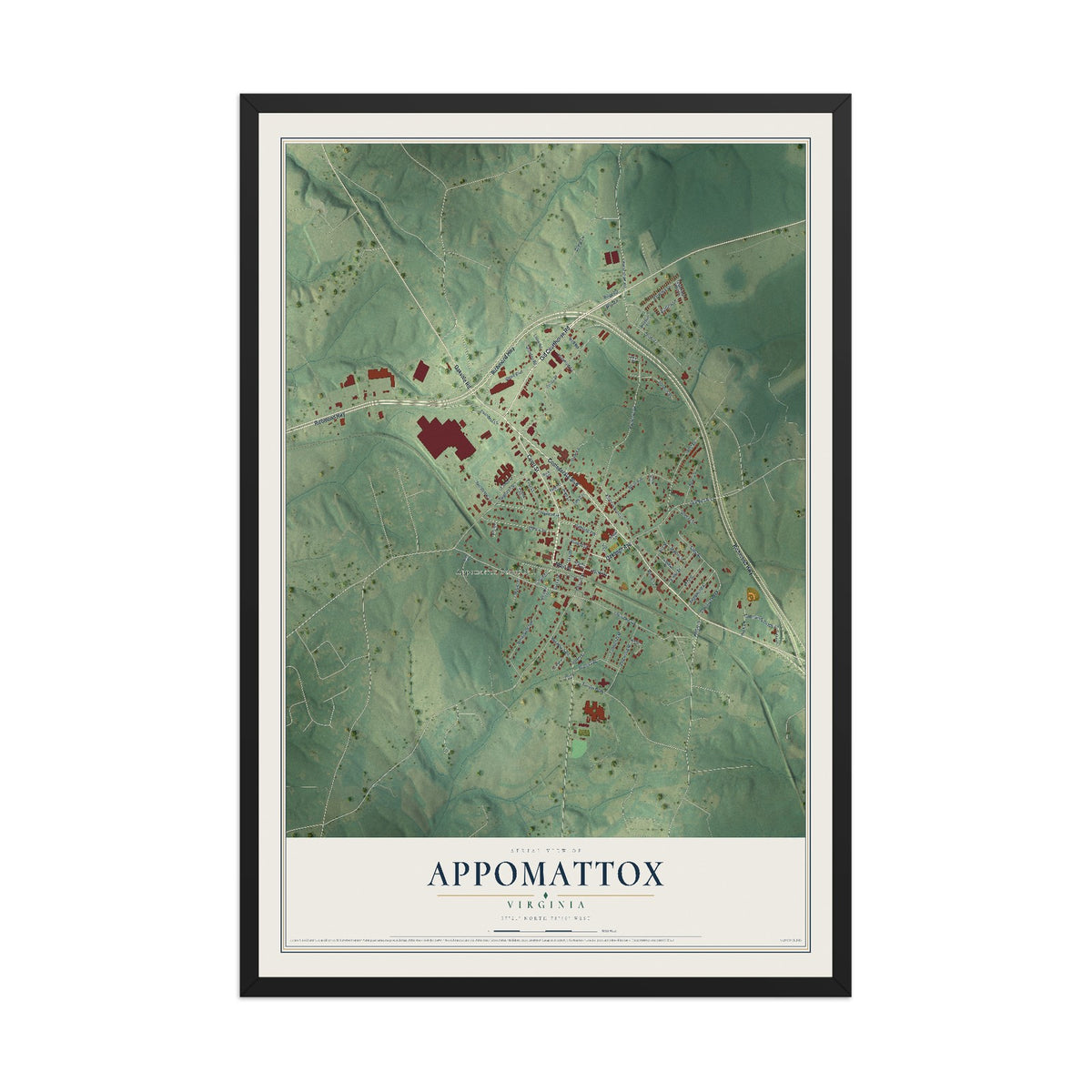 Map of Appomattox, Virginia, 12 x 18 inch print in a black wood frame
