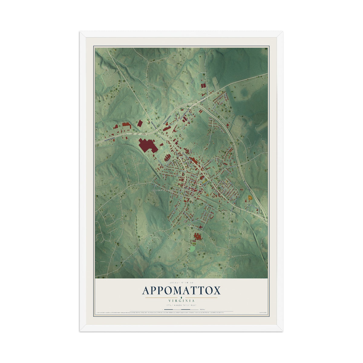 Map of Appomattox, Virginia, 12 x 18 inch print in a white wood frame